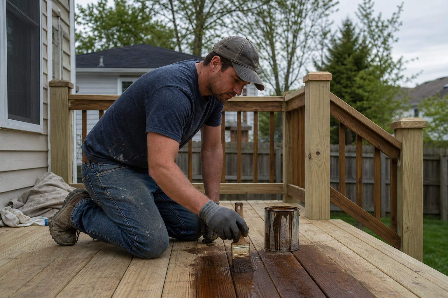 Contractor staining a residential wood deck in Maryland