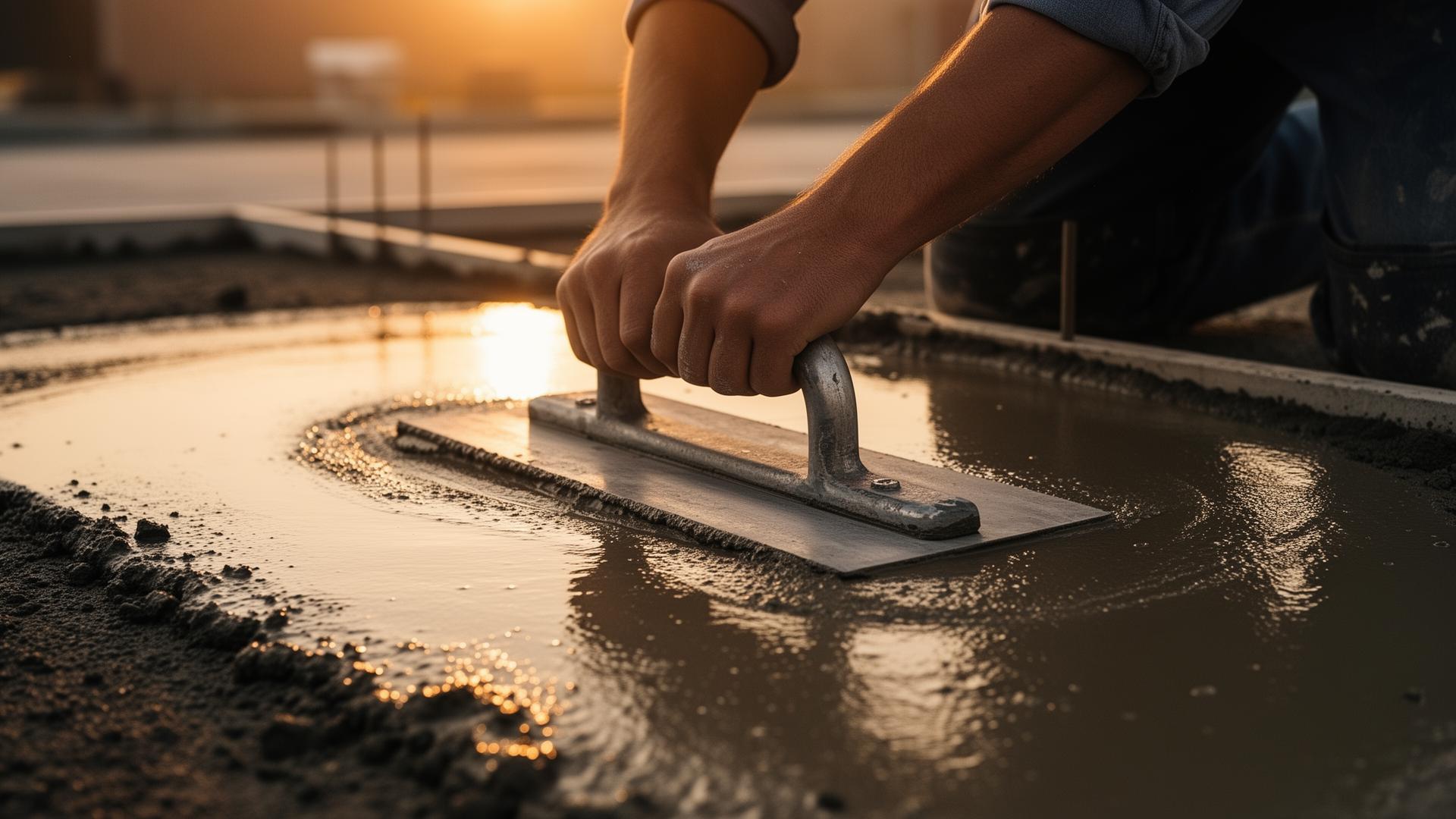 Craftsman finishing freshly poured concrete at golden hour